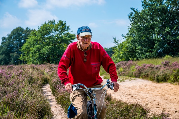 Älterer Mann radelt auf einem Feldweg durch den Nationalpark De Meinweg